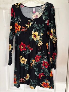 No Boundaries Black Floral Long-Sleeve Dress with Red & Yellow Blooms